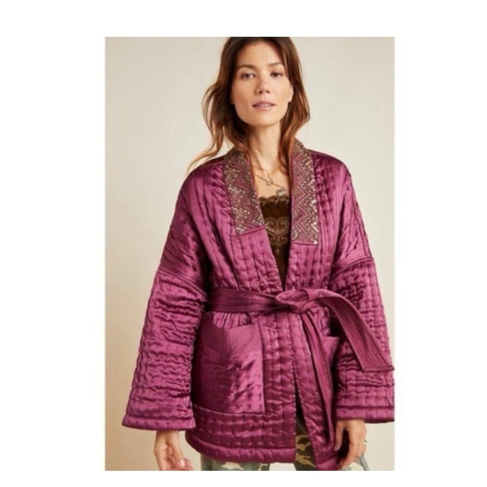 Anthropologie Quilted Kimono Jacket Purple Beaded Embroidered Wrap XXS/XSS